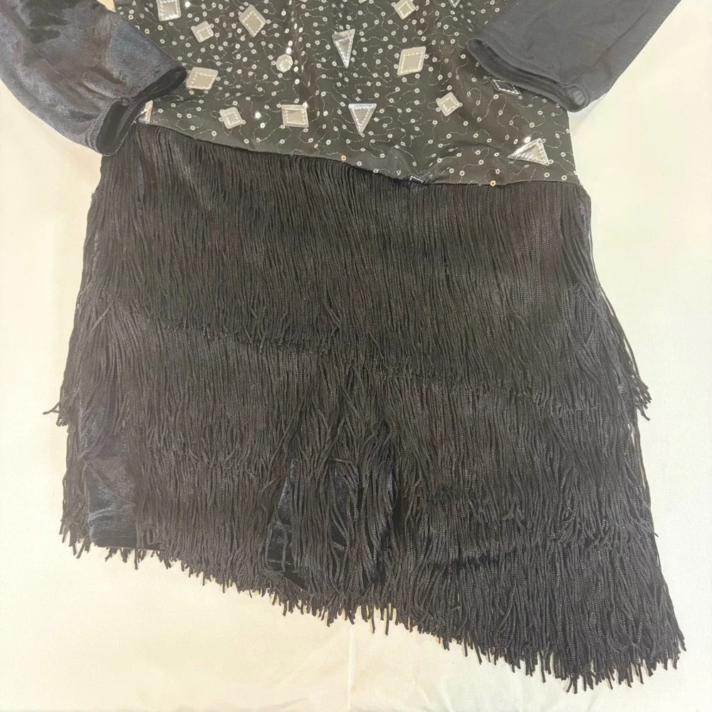 Weissman Black Sequin Mirror Fringe Dance Costume Mock Neck Long Sleeve SA 16297